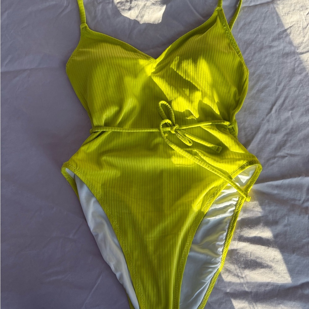 Vibrant lime Green One Piece Swimsuit with Plunging V-Neck and High-Cut Legs
